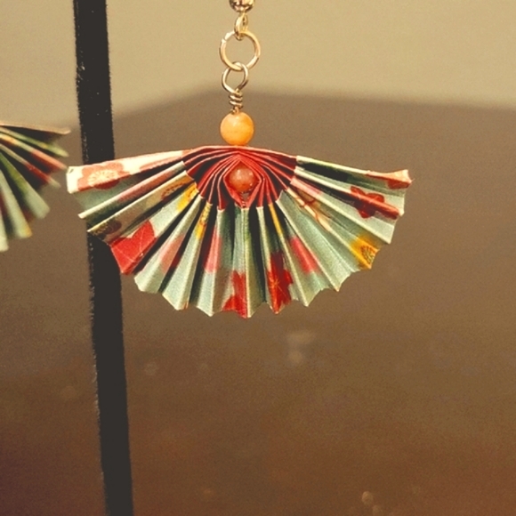 Origami Fan Earrings Green and Coral with Beads, Sterling Earwire - Picture 3 of 5